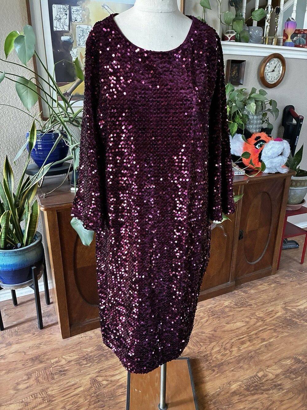 Chico's Maroon Purple Plum Sequin Midi Dress Sz 2 12/14 Celebration City Evening